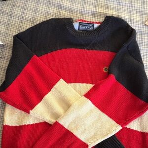 Tommy Hilfiger Men's Red, Black, and Cream Crewneck Sweater